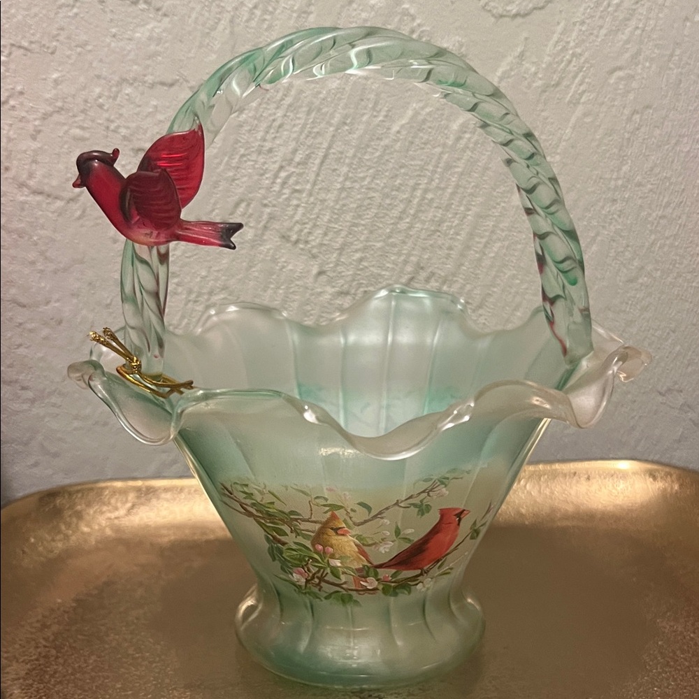 #1568**Elegant Glass Basket with Red Bird Accent. Accepting Reasonable Offers - Picture 3 of 15